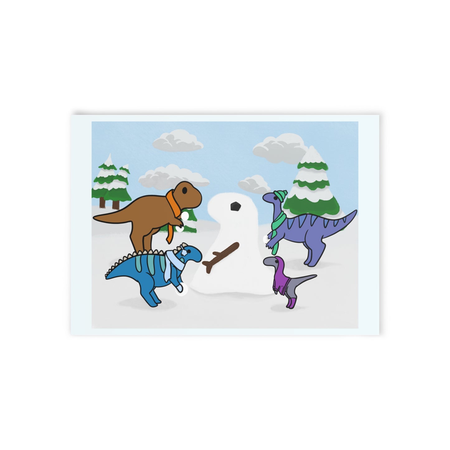 Winter cards - Dinosaurs Creating a Snowman | (double sided print)