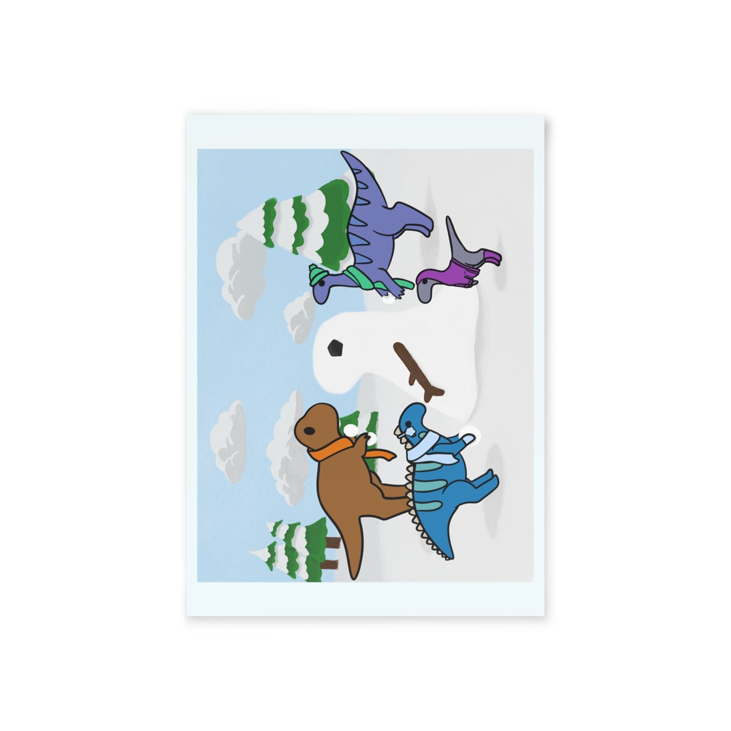 Winter cards - Dinosaurs Creating a Snowman | (double sided print)